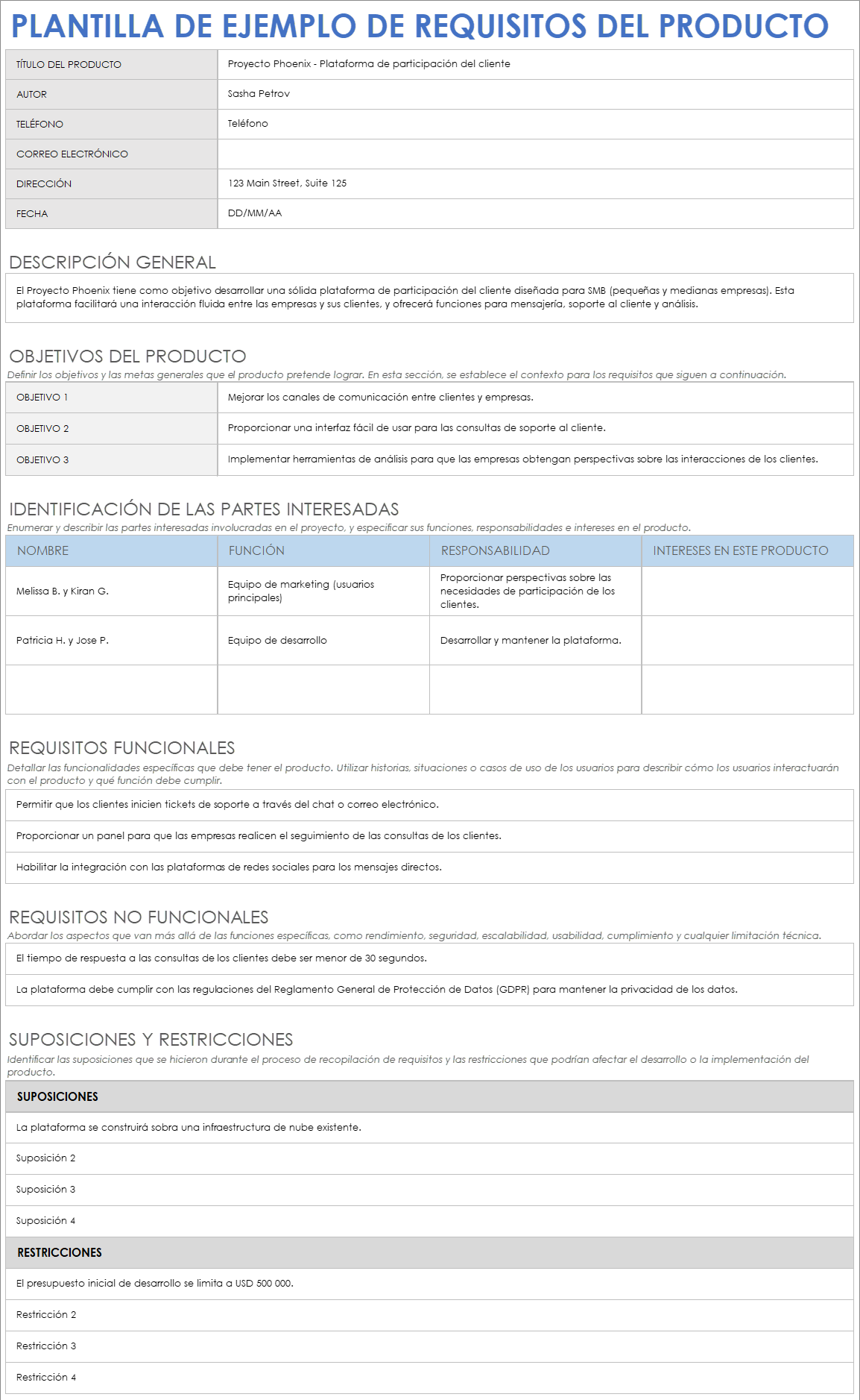 Plantilla de ejemplo de requisitos del producto