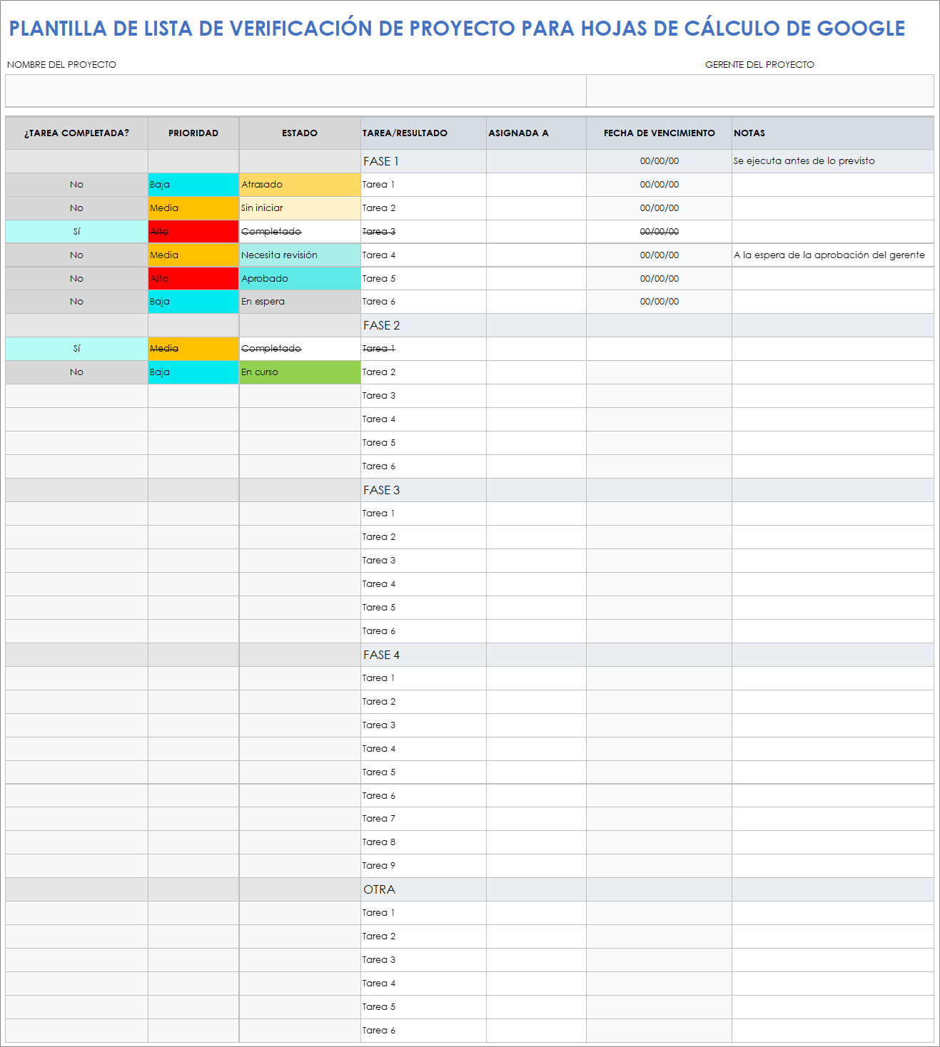 Plantilla de lista de verificación de proyectos para hojas de cálculo de Google