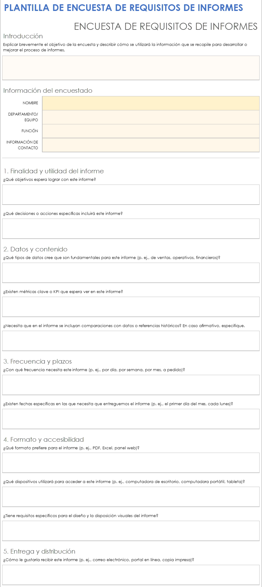 Plantilla de encuesta de requisitos de informes