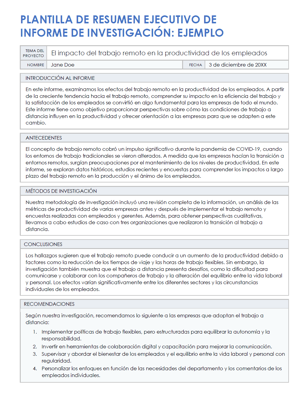 Ejemplo de plantilla de resumen ejecutivo de informe de investigación