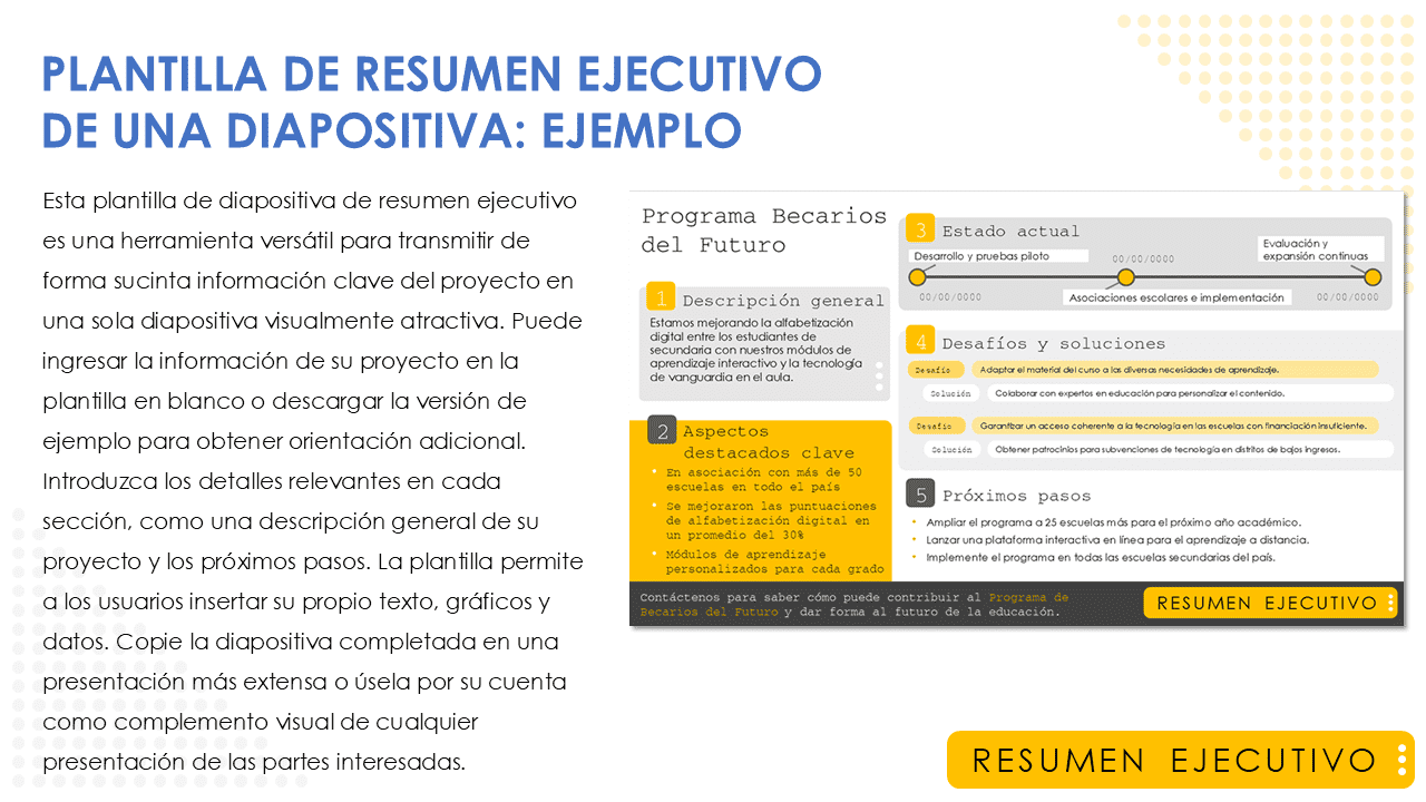 Plantilla de ejemplo de resumen ejecutivo de una diapositiva