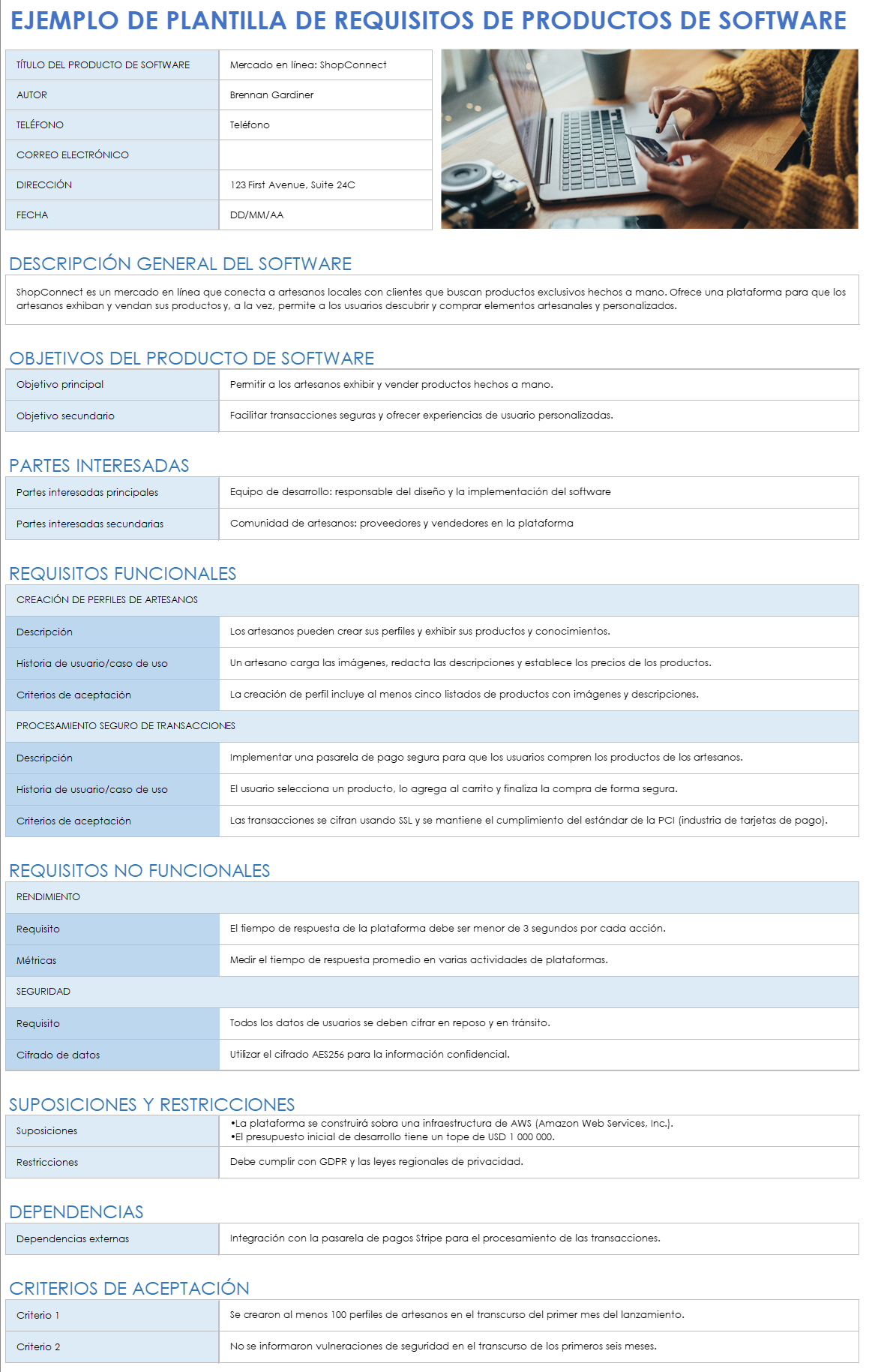 Plantilla de ejemplo de requisitos de productos de software