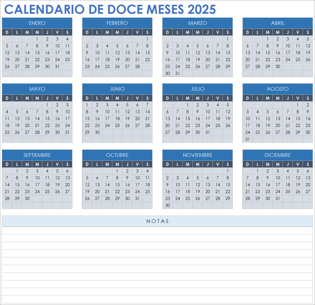 Plantilla de calendario 2025 de doce meses