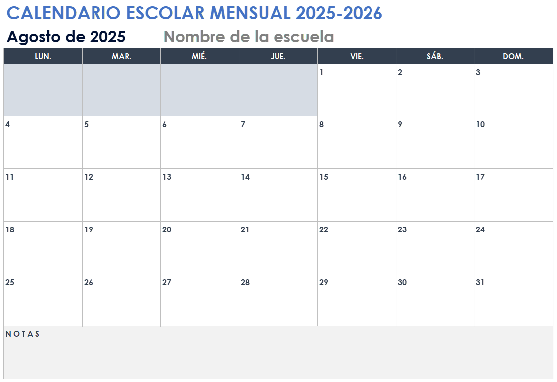 Plantilla de calendario escolar mensual 2025-2026