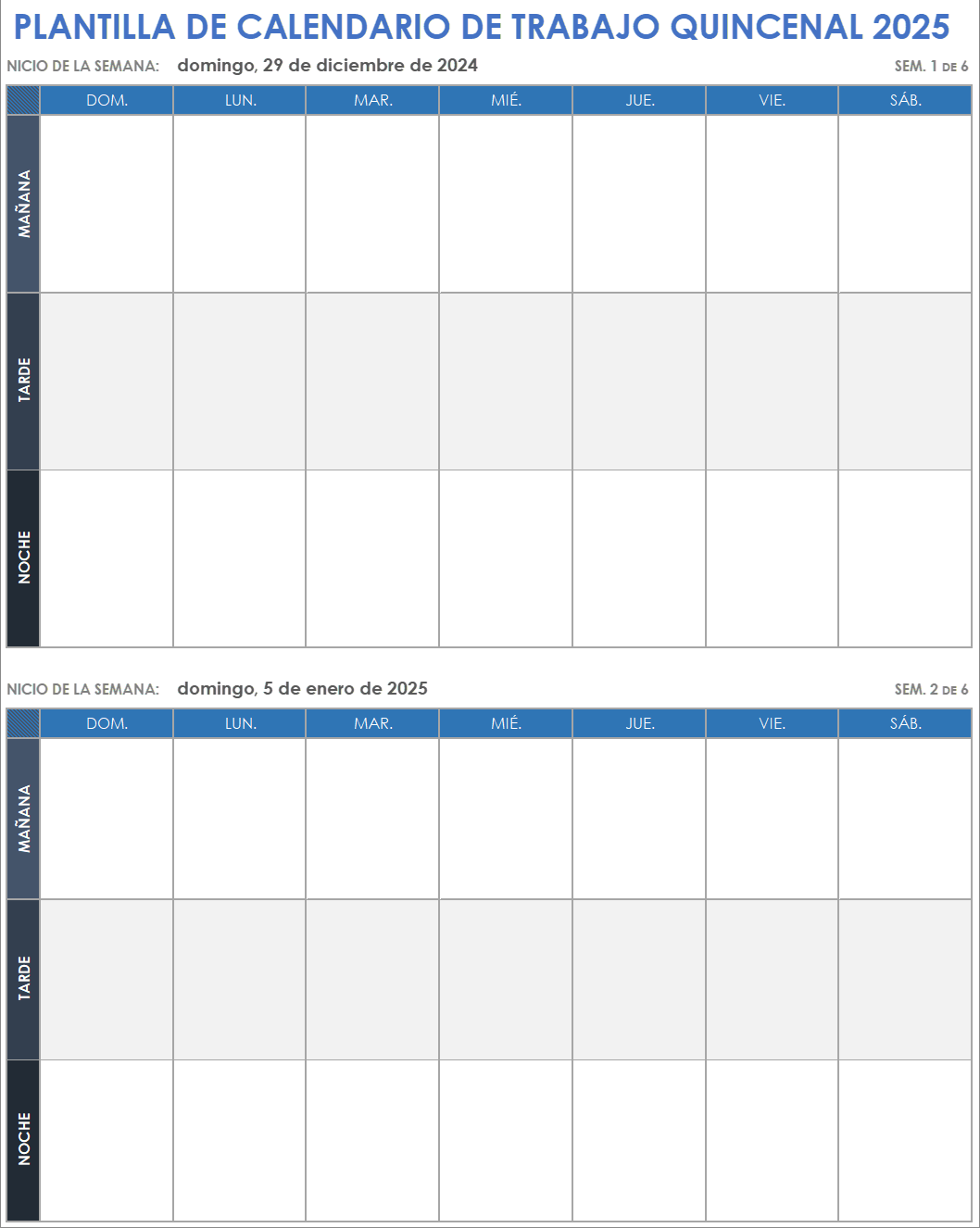 Plantilla de calendario de trabajo quincenal