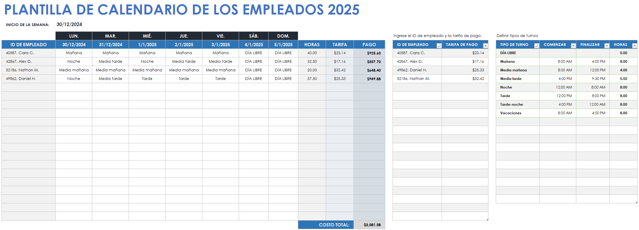 Plantilla de calendario de empleados 2025