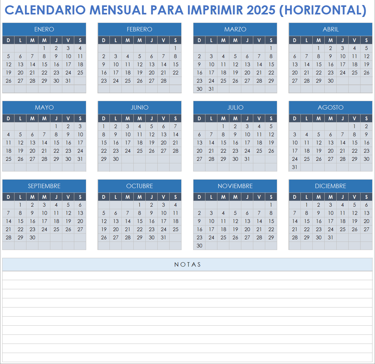 Calendario mensual 2025 para imprimir (horizontal)