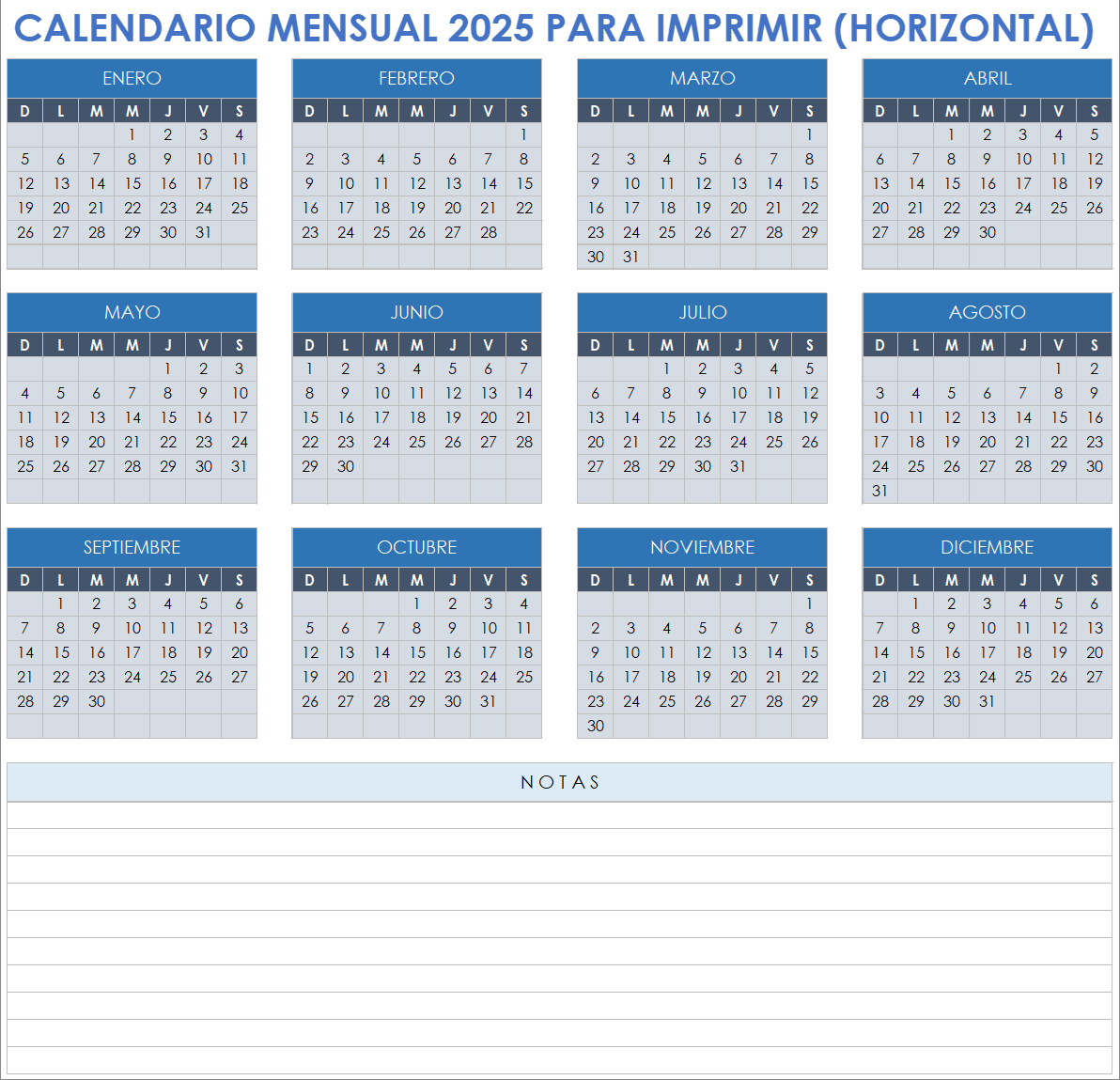 Calendario mensual 2025 para imprimir (horizontal)