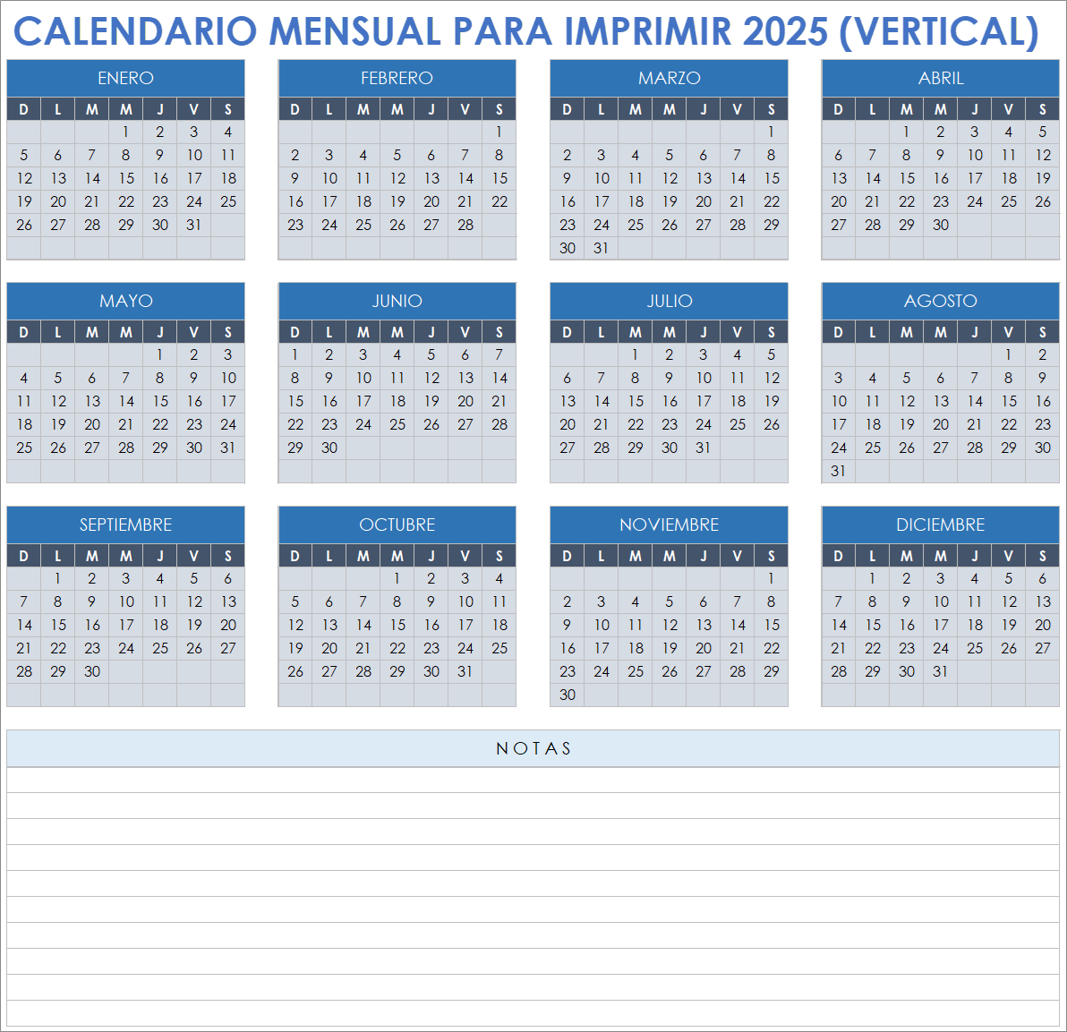 Calendario mensual 2025 para imprimir (vertical)