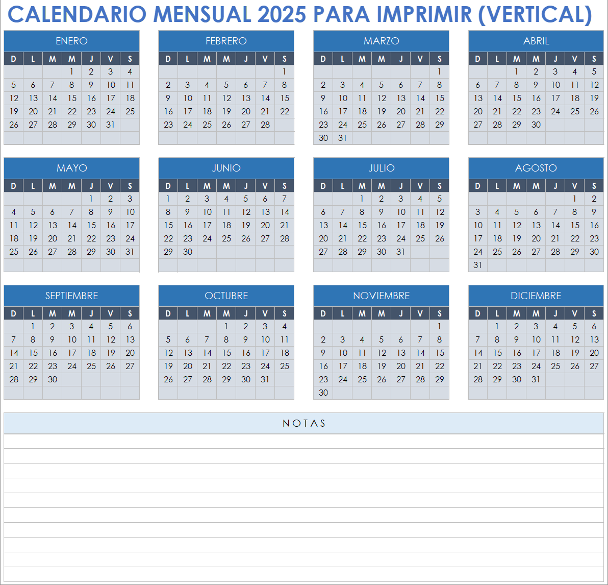 Calendario mensual 2025 para imprimir (vertical)