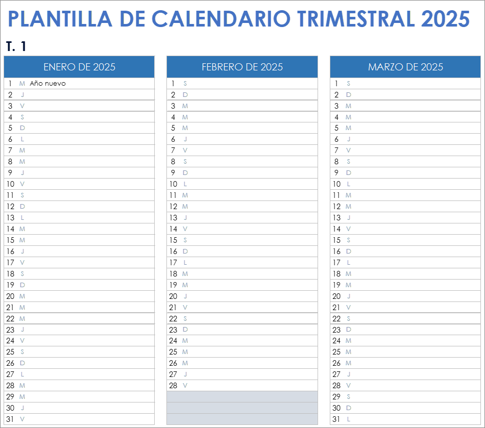 Plantilla de calendario trimestral 2025