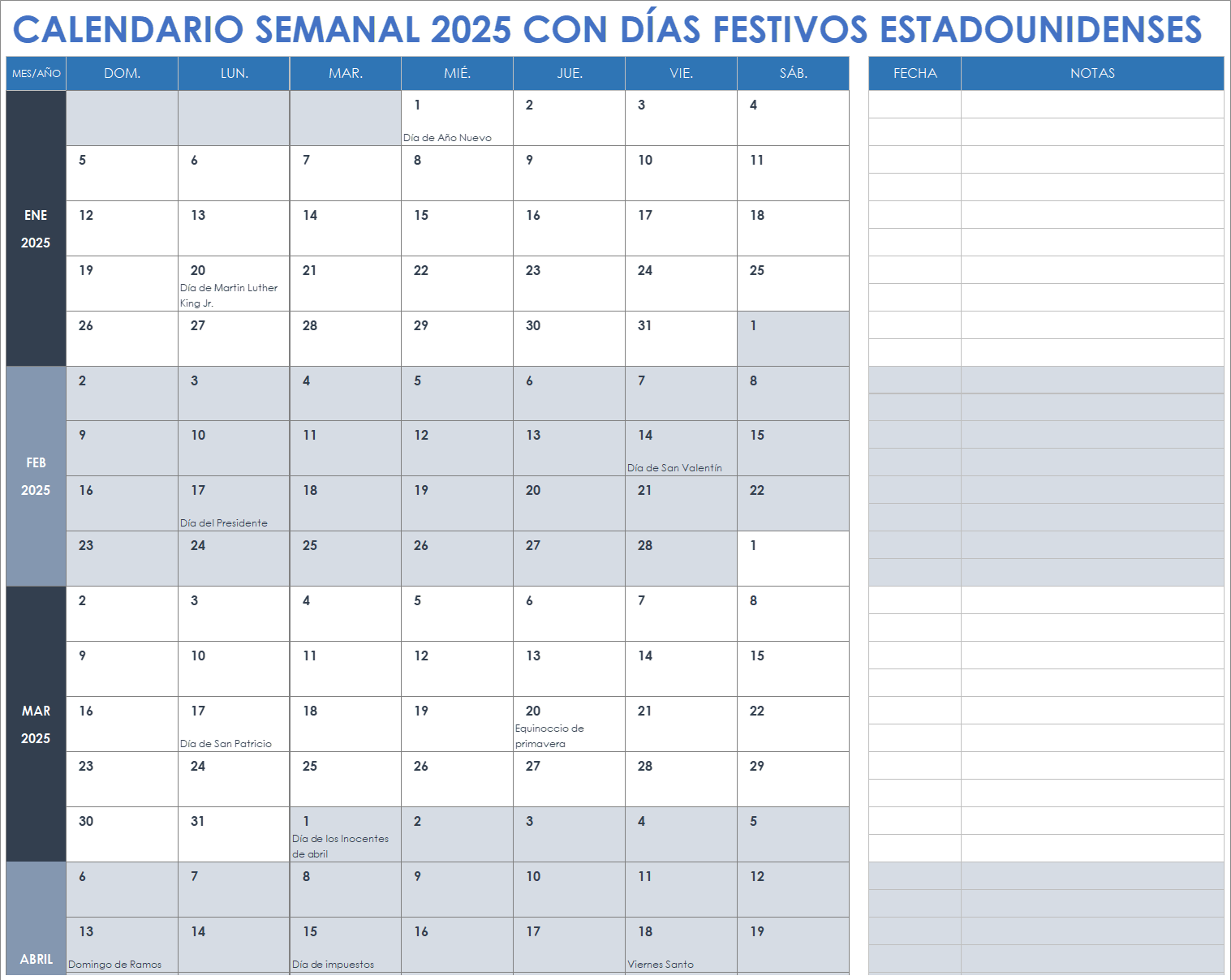 Calendario semanal 2025 con días festivos de Estados Unidos