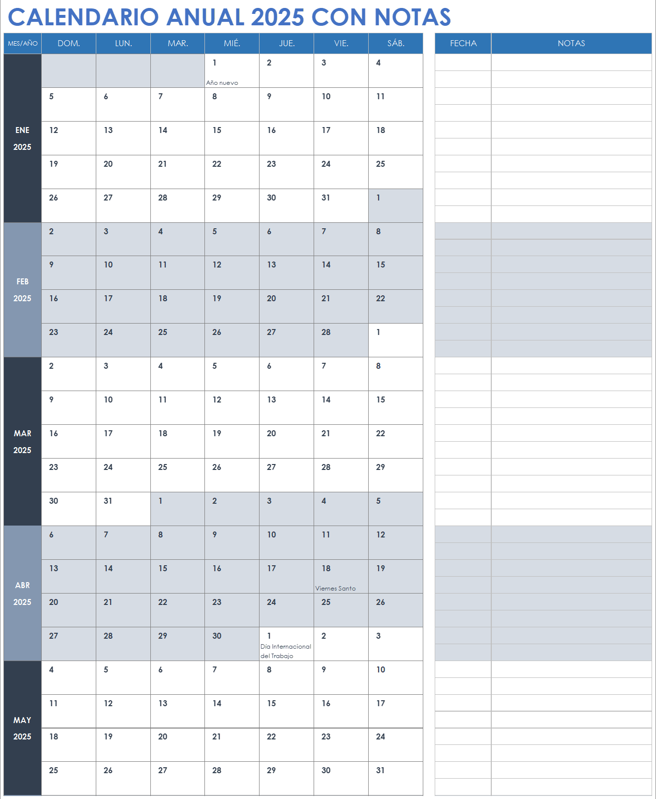 Calendario anual 2025 con notas