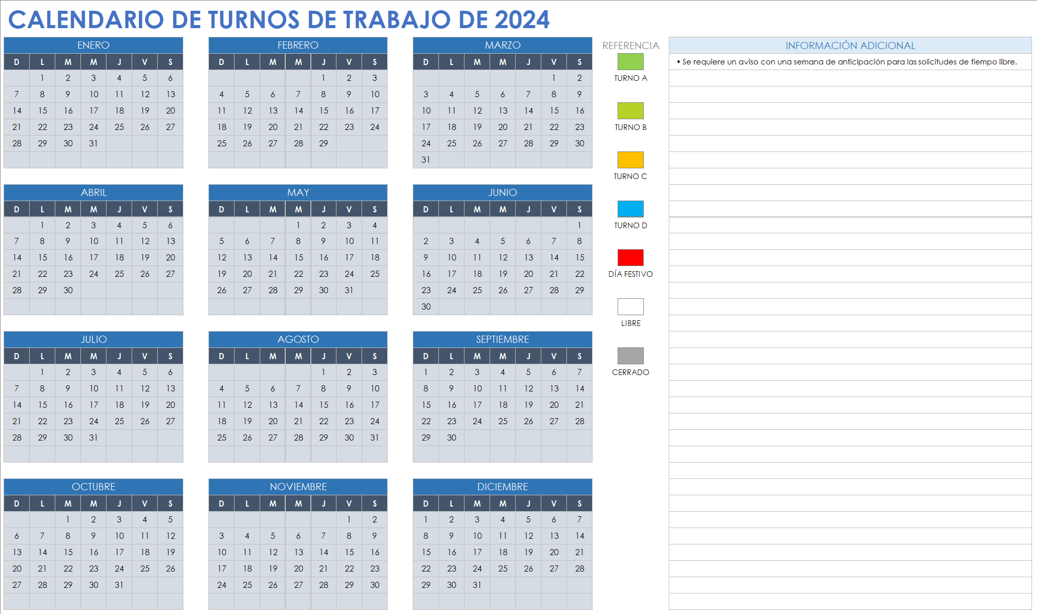 Calendario mensual de turnos de trabajo 2024