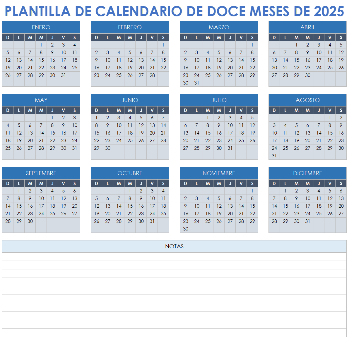 Plantilla de calendario 2025 de doce meses