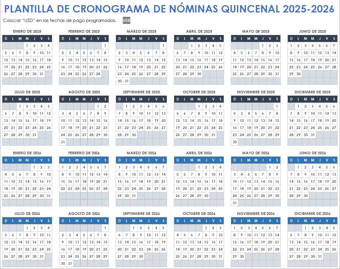 Plantilla de calendario de nómina quincenal 2025-2026