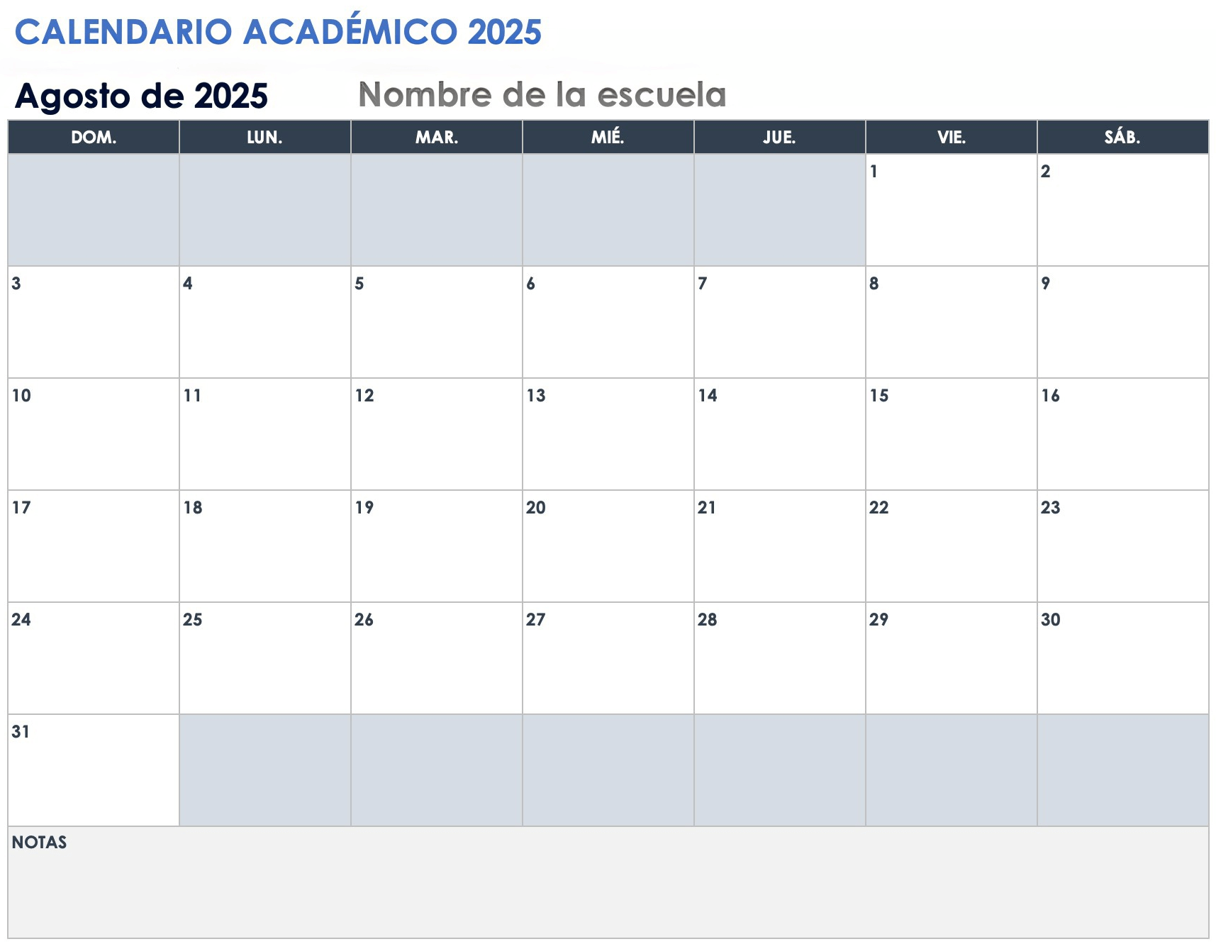 Plantilla de calendario académico 2025