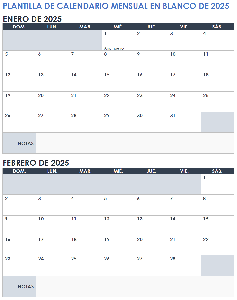 Plantilla de calendario mensual en blanco para 2025