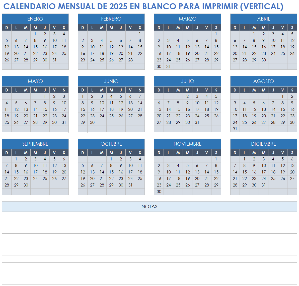 Calendario mensual en blanco para imprimir 2025 (vertical)