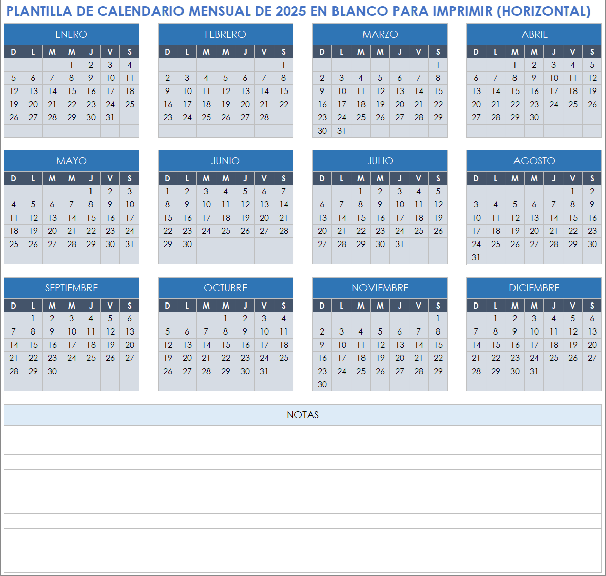 Plantilla de calendario mensual en blanco para imprimir 2025 (apaisada)