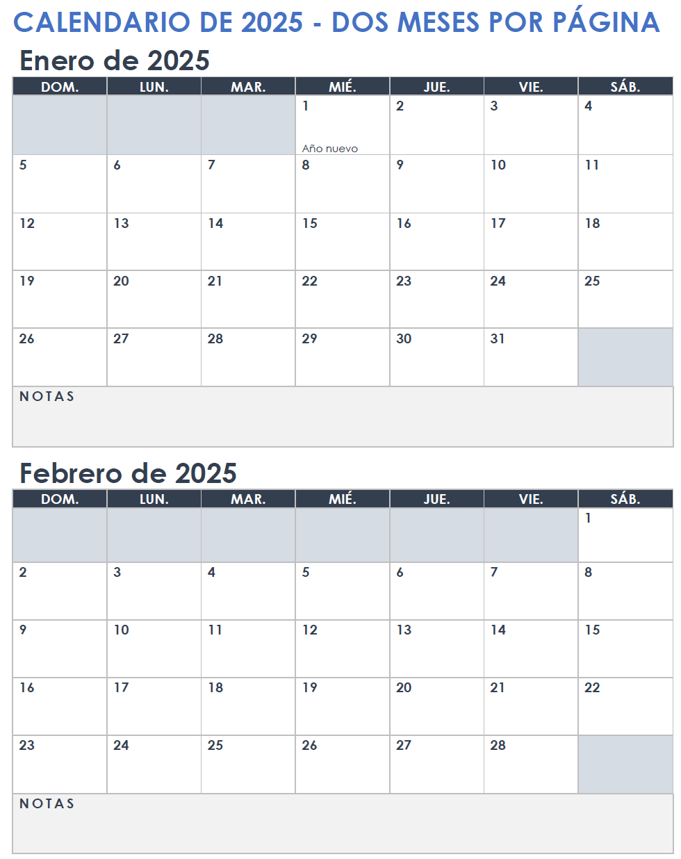 Calendario 2025 con dos meses por página