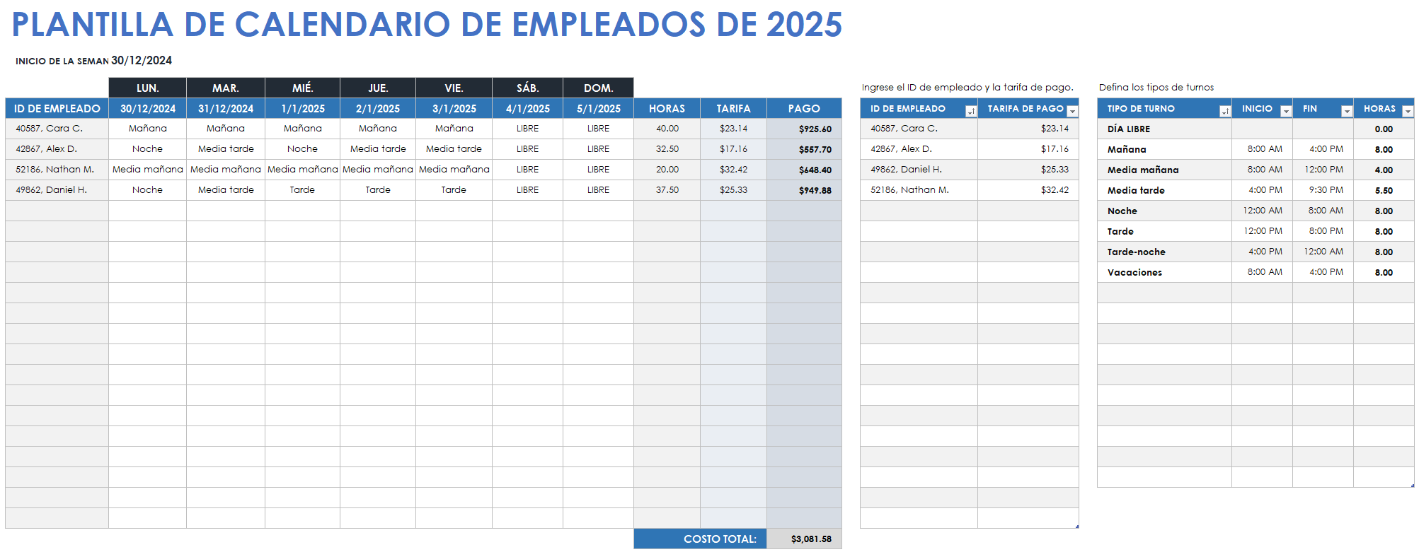 Plantilla de calendario de empleados 2025