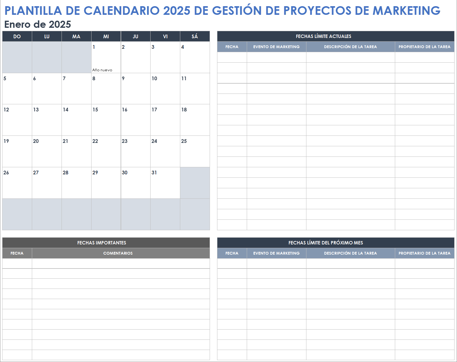 Plantilla de calendario 2025 de gestión de proyectos de marketing