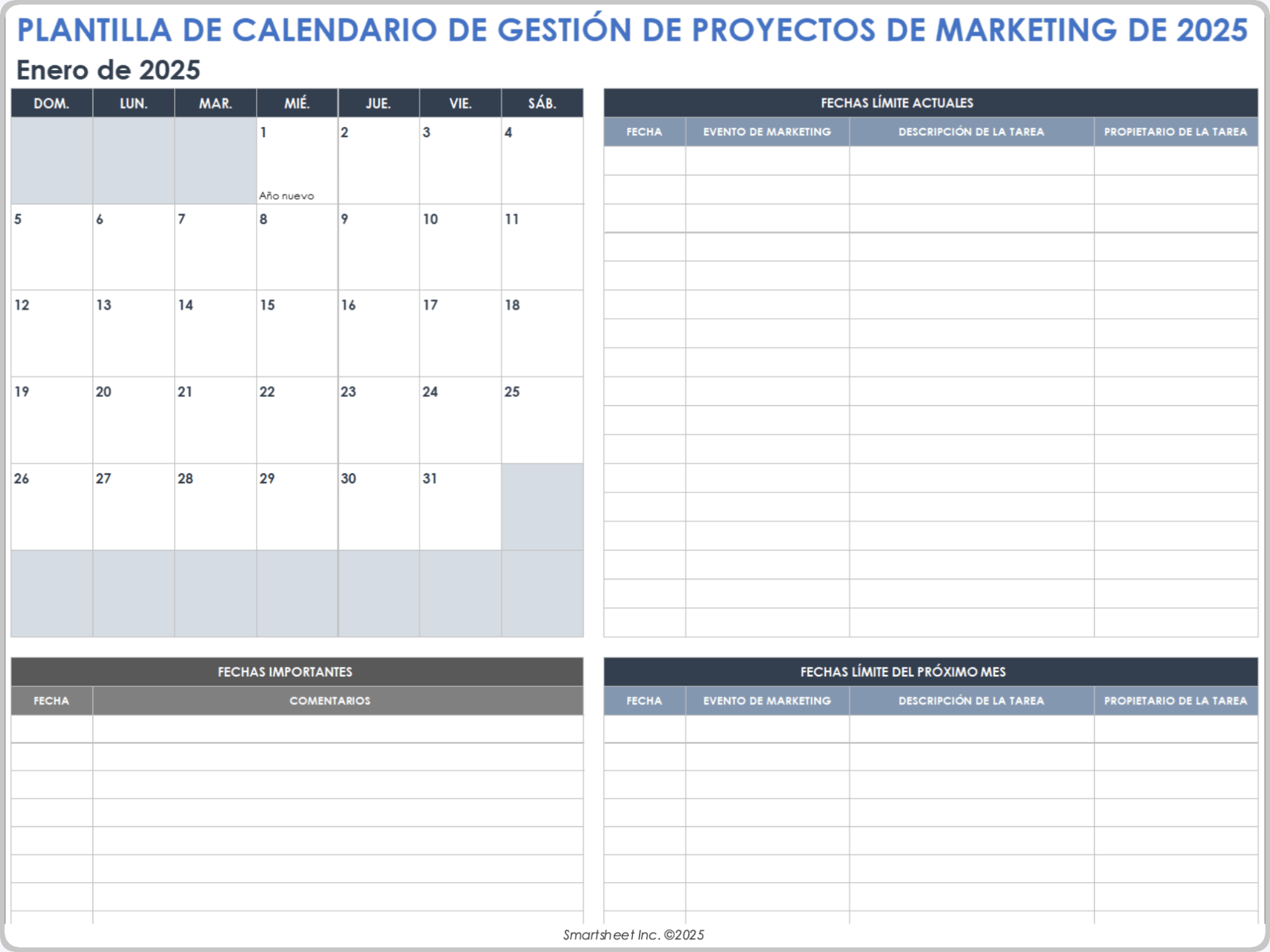 Plantilla de calendario de gestión de proyectos de marketing 2025