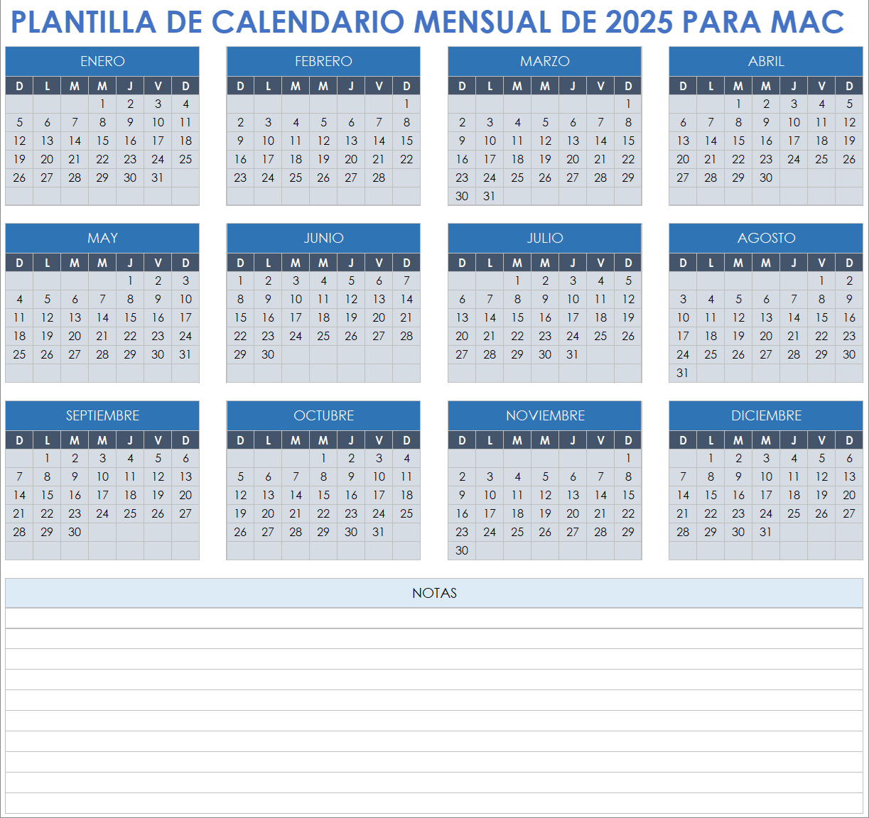 Plantilla de calendario mensual 2025 para Mac