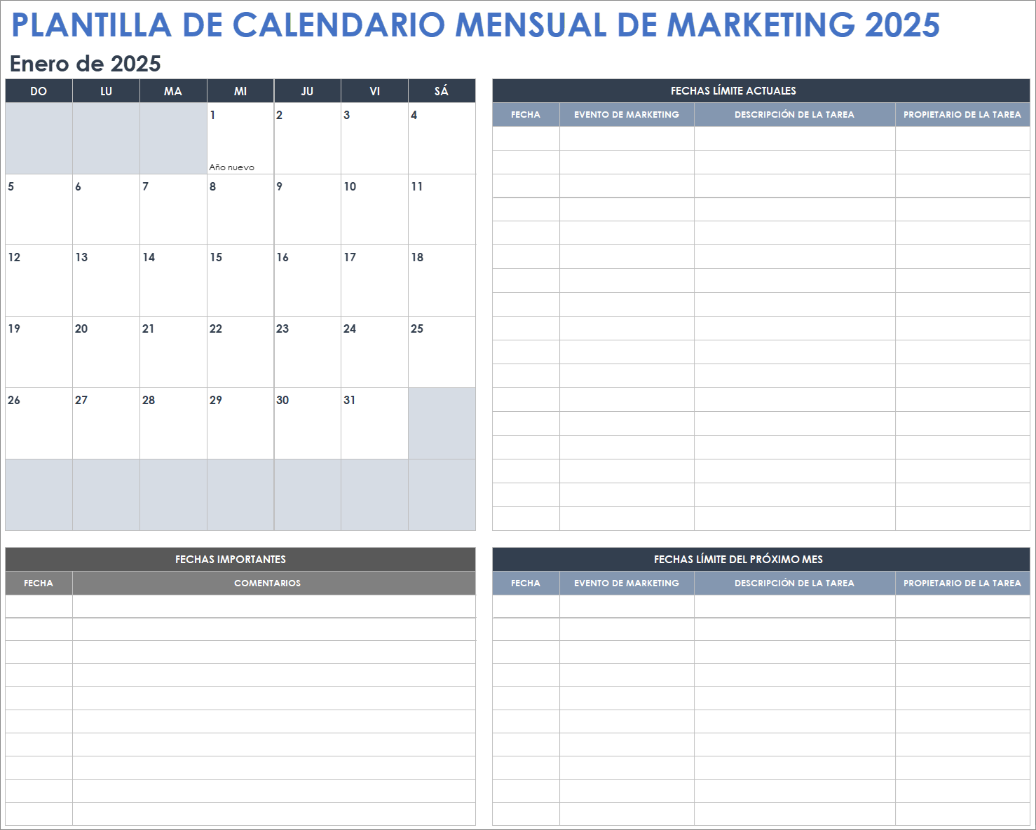 Plantilla de calendario mensual de marketing 2025