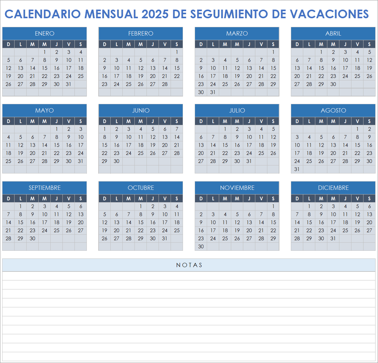 Calendario mensual de seguimiento de vacaciones 2025