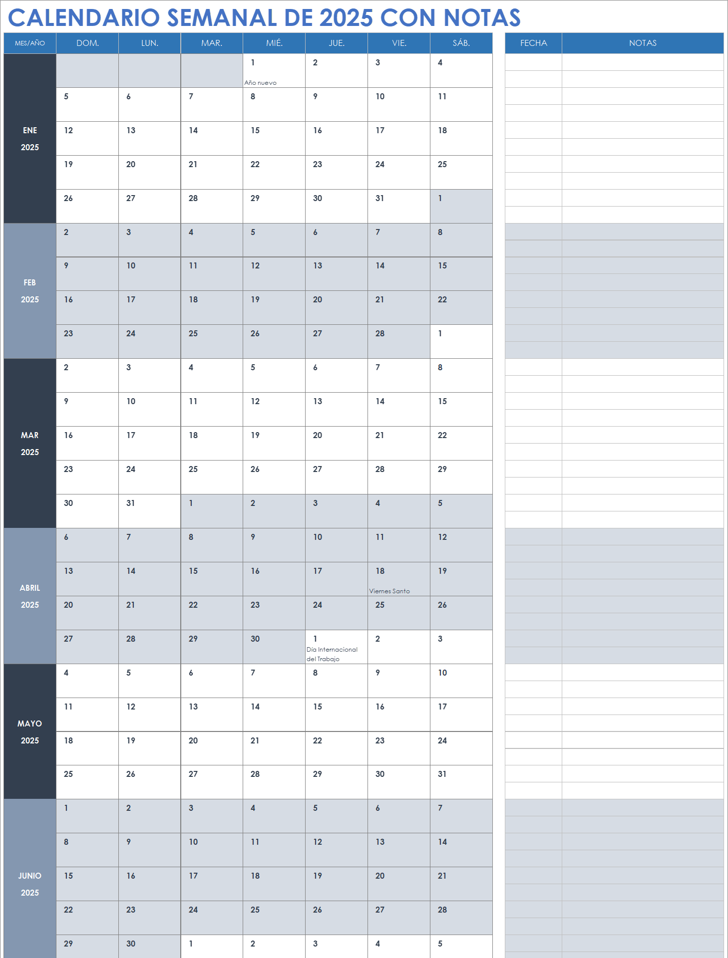 Calendario semanal 2025 con notas