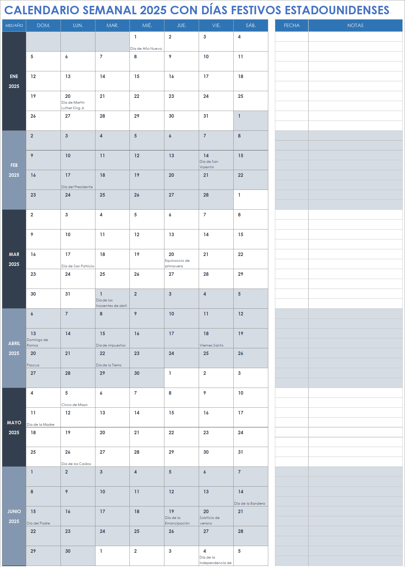 Calendario semanal 2025 con días festivos de Estados Unidos