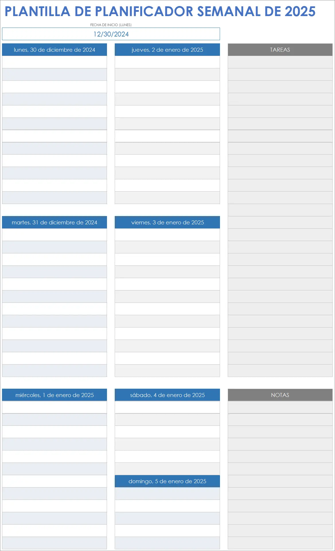 Plantilla de agenda semanal de proyectos 2025 con notas