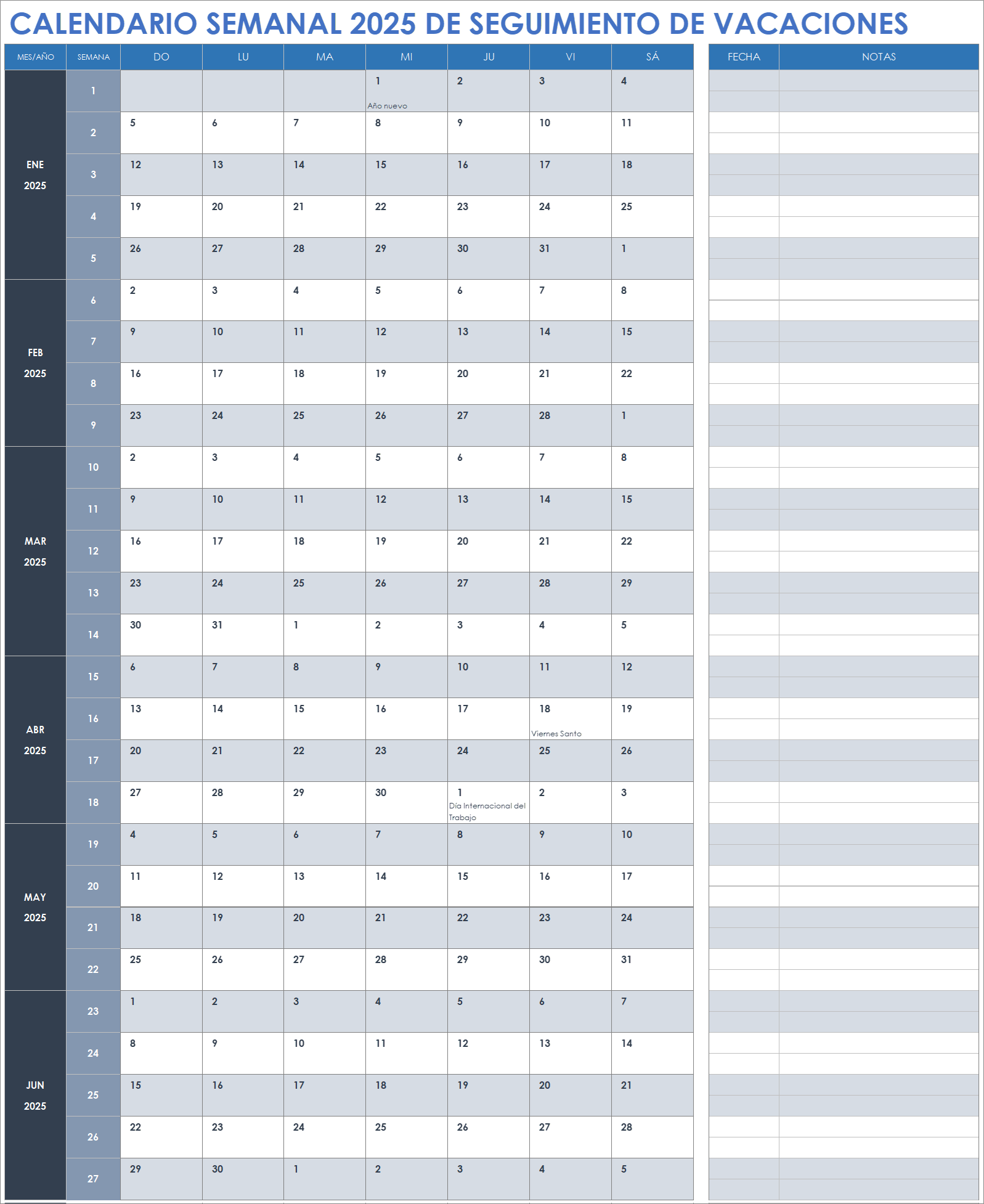 Calendario semanal 2025 de seguimiento de vacaciones