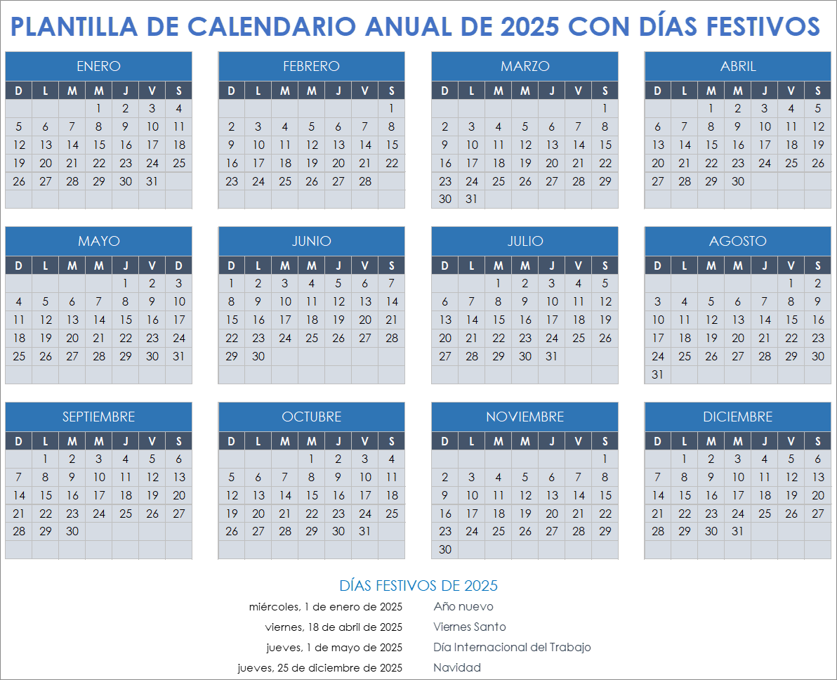 Plantilla de calendario anual 2025 con días festivos