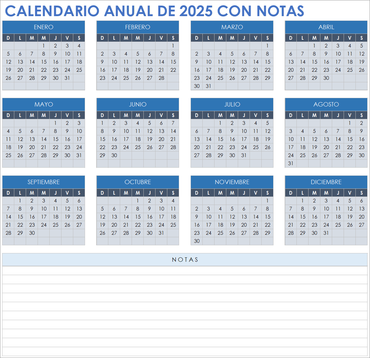 Calendario anual 2025 con notas