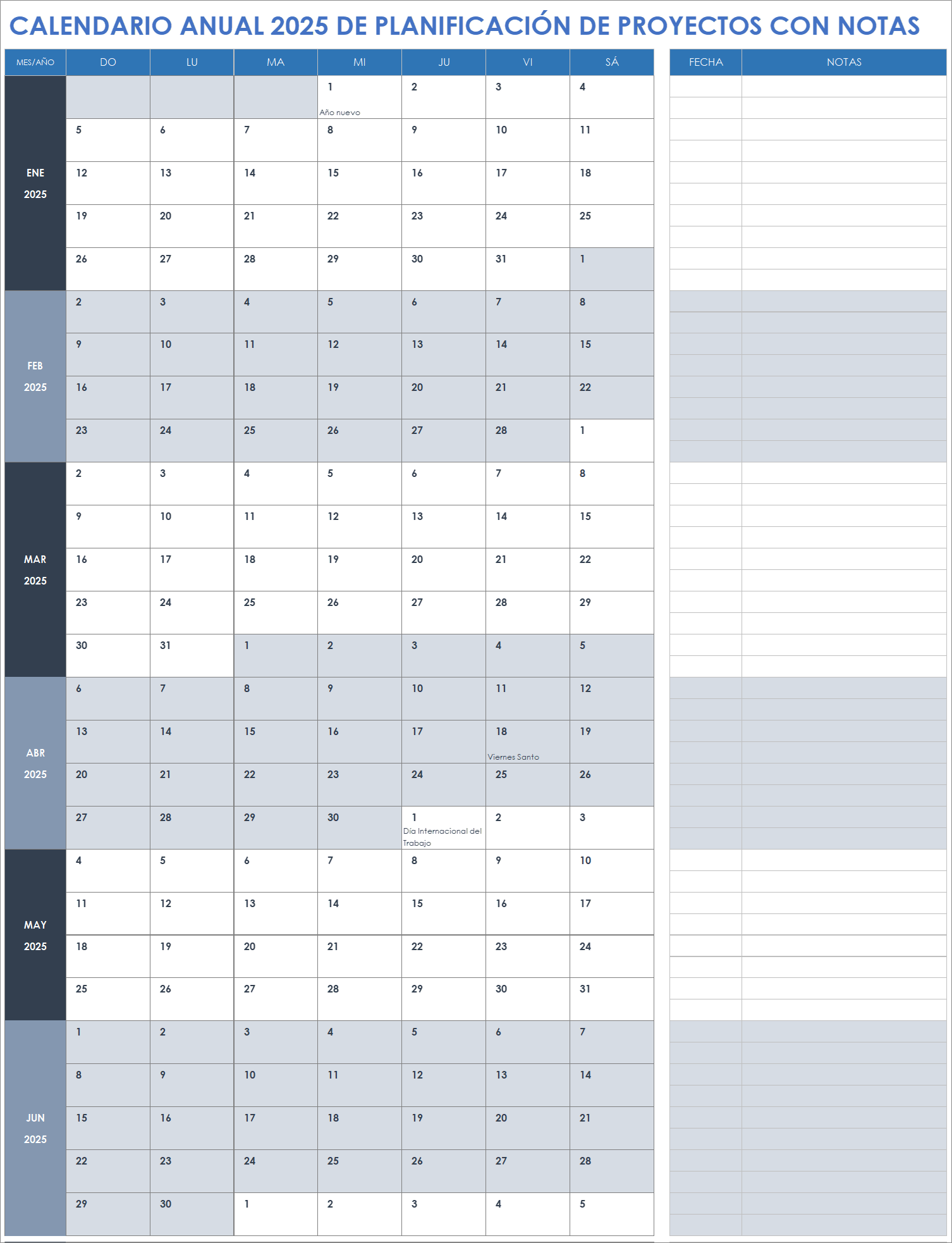 Calendario anual 2025 de planificación de proyectos con notas