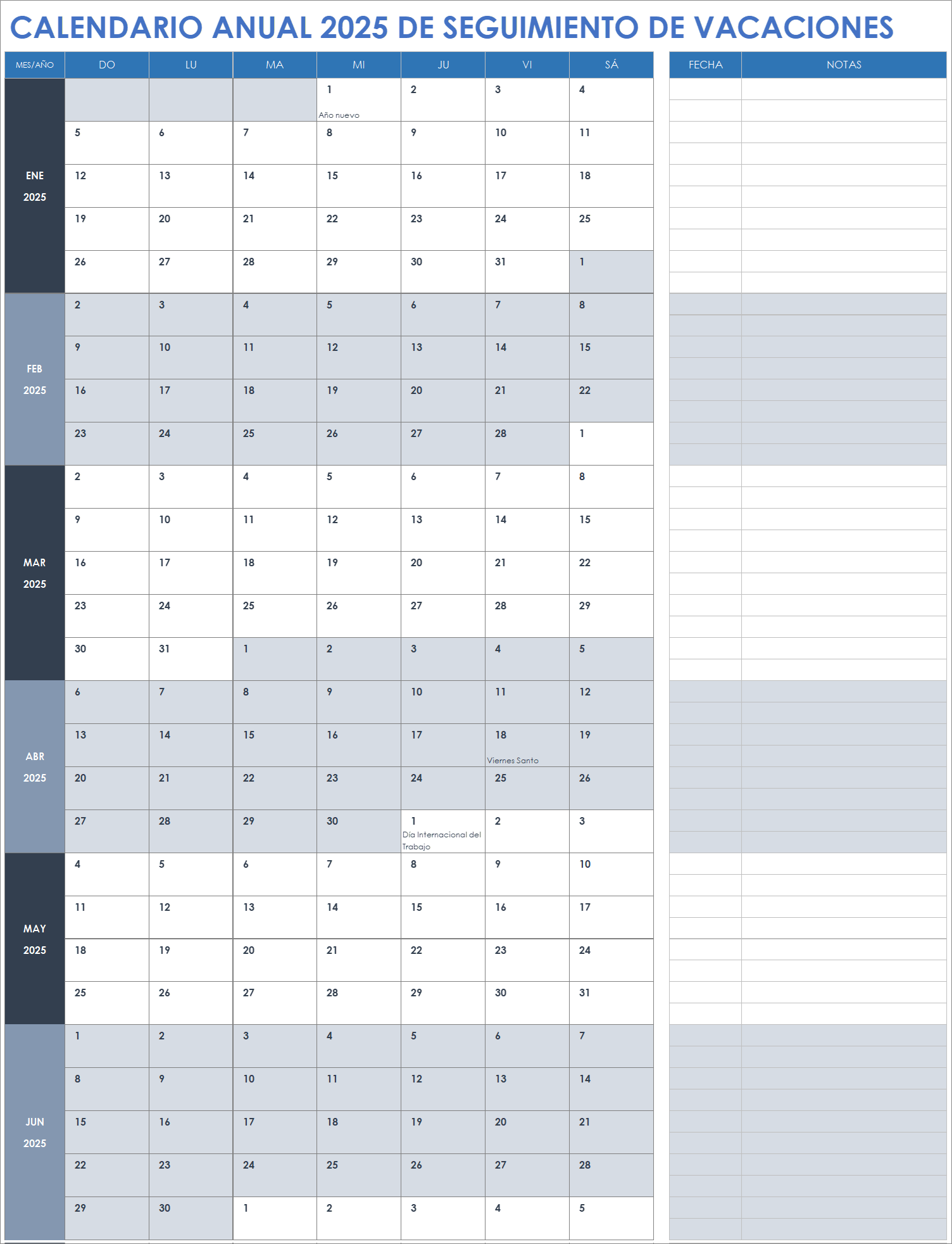 Calendario anual 2025 de seguimiento de vacaciones