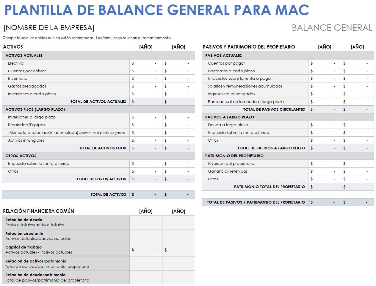 Plantilla de balance general para Mac