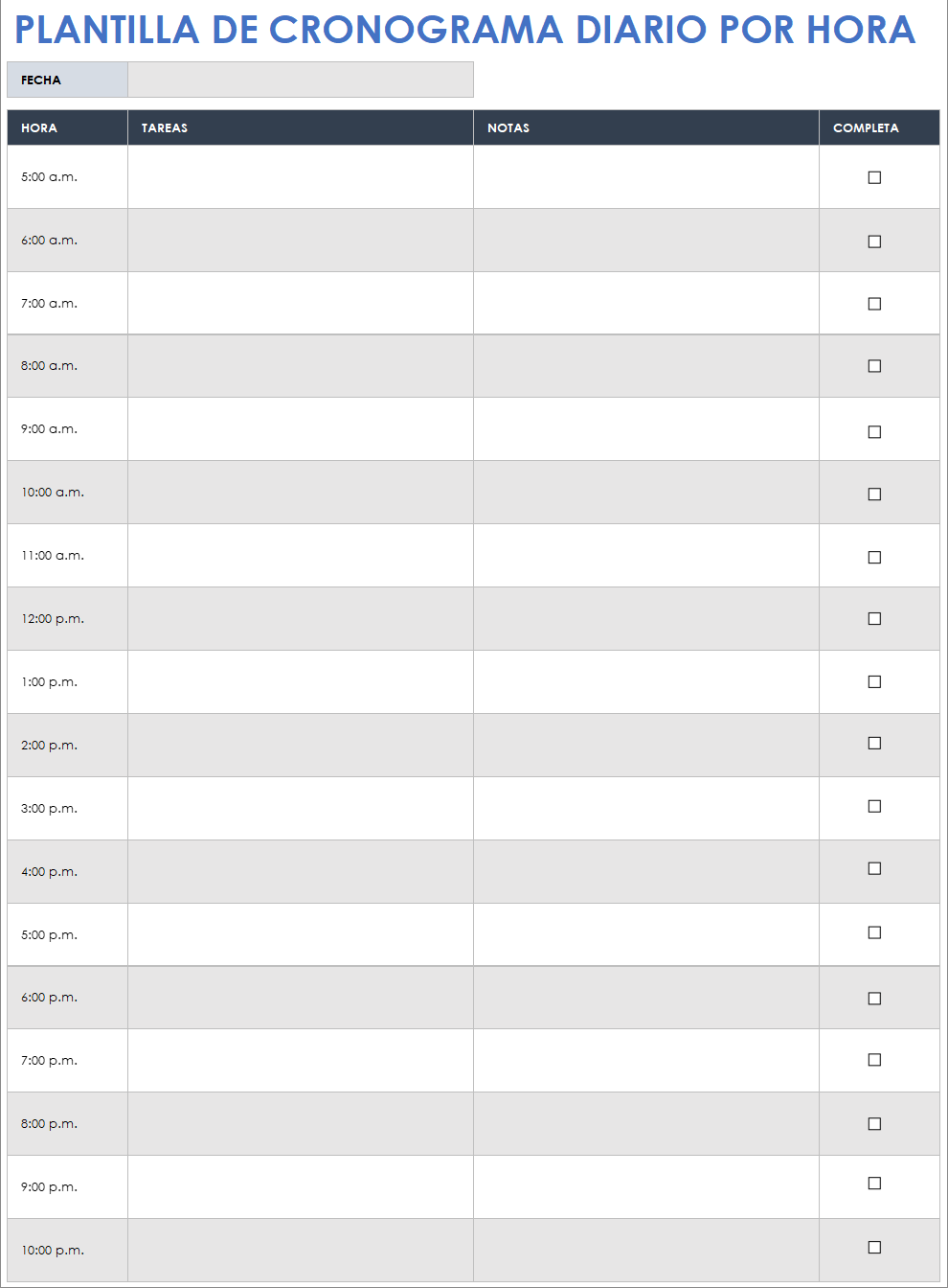 Plantilla de cronograma diario por hora