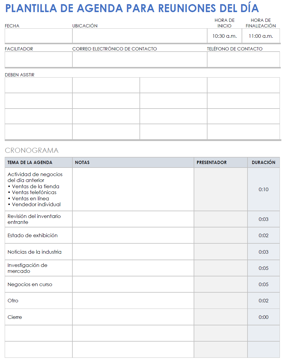 Plantilla de agenda diaria de reuniones