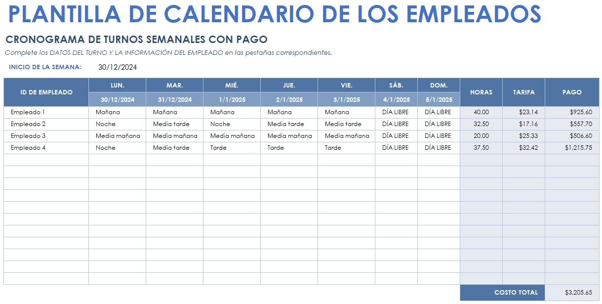 Plantilla de calendario de los empleados