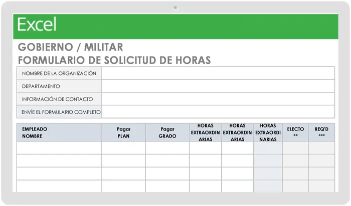 Plantilla de formulario de solicitud de horas extras del Gobierno/del ejército