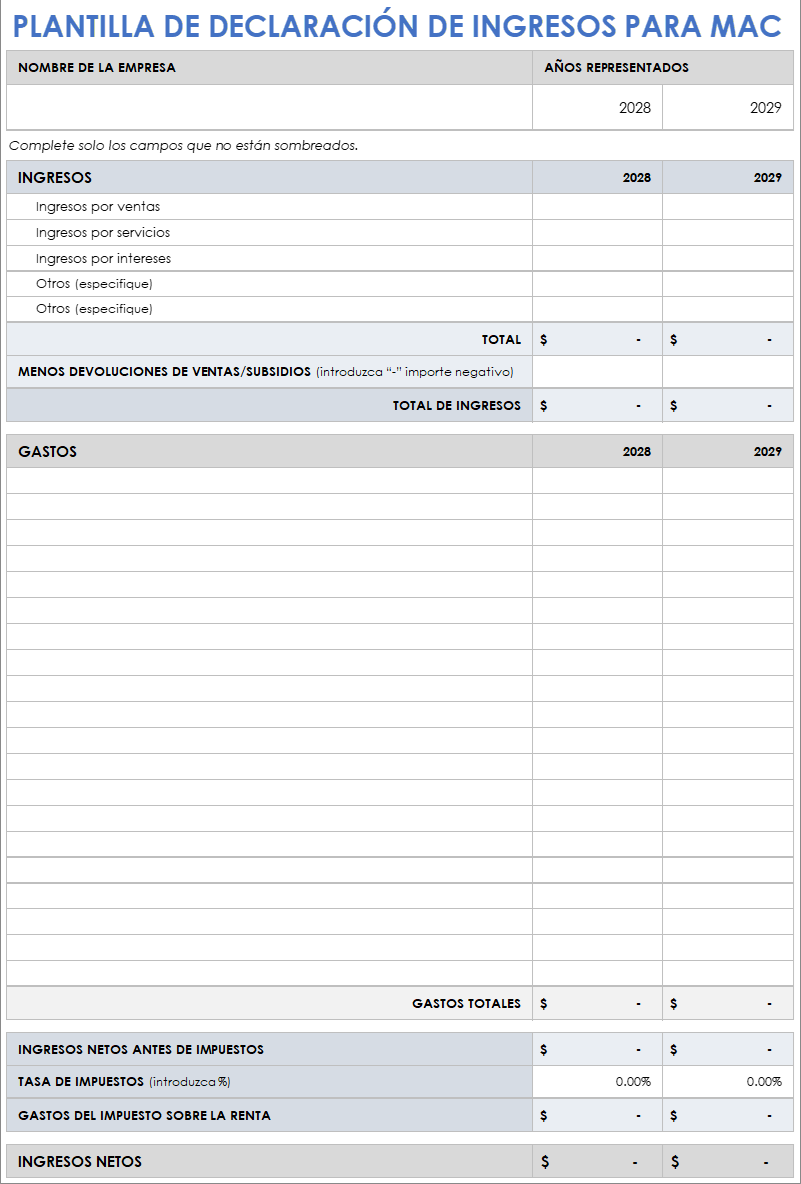 Plantilla de declaración de ingresos para Mac