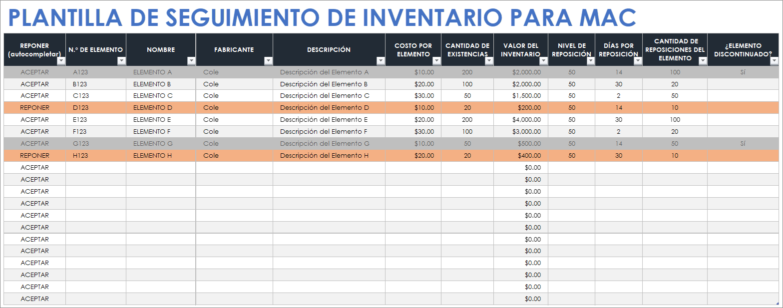 Plantilla de seguimiento de inventario para Mac