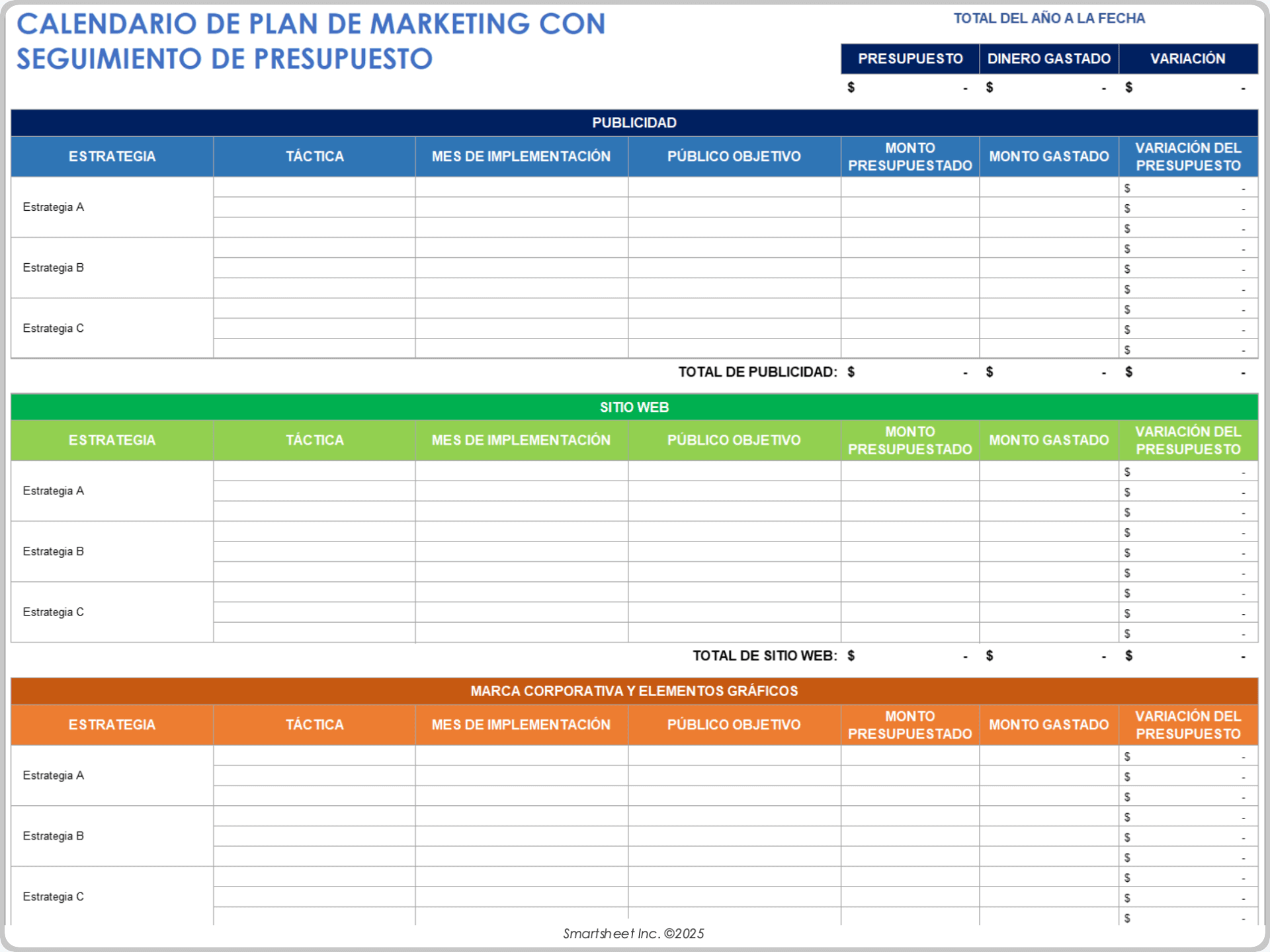 Calendario de plan de marketing con plantilla de seguimiento de presupuesto