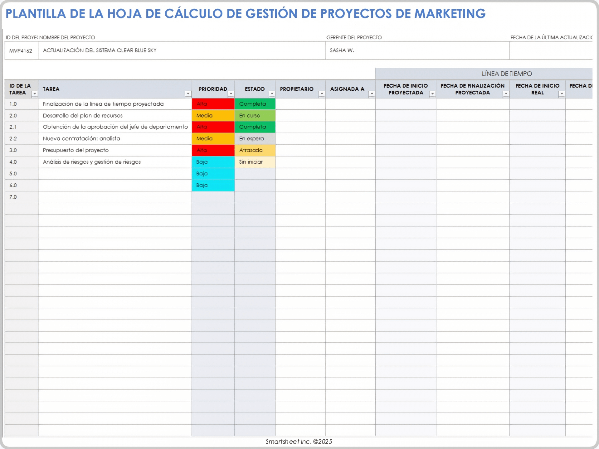 Plantilla de hoja de cálculo para la gestión de proyectos de marketing