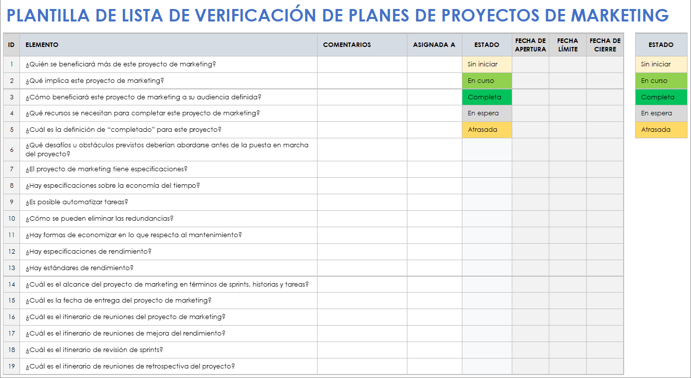 Lista de comprobación de plan de proyecto de marketing