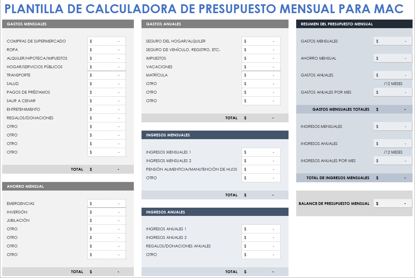 Plantilla de calculadora de presupuesto mensual para Mac